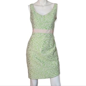 Maggy London Lime and Beige Floral Print V-neck Sheath Dress, Like New, size 8